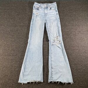 American Eagle Flare Jeans Womens 2 Light Wash Good Distressed Stretch Denim